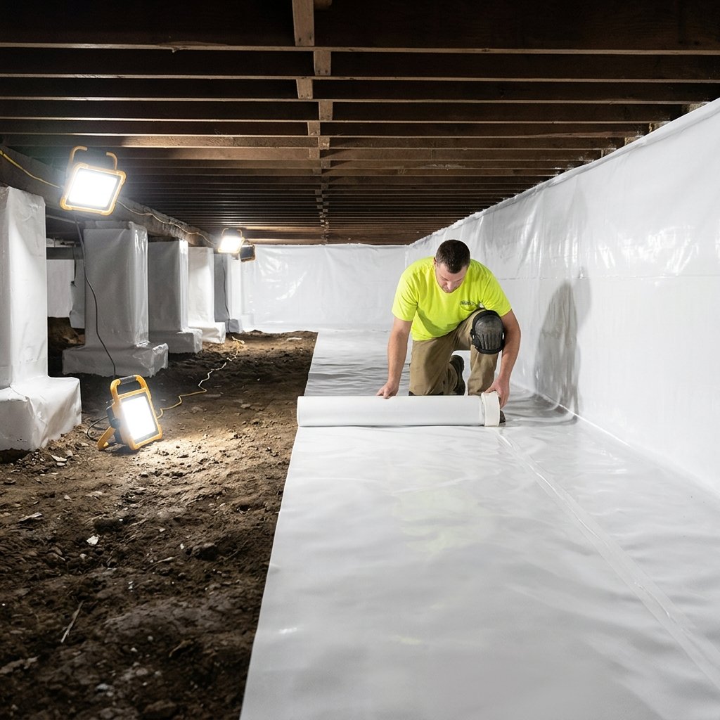 CrawlSpace Experts technician installing vapor barrier liner in Nashville TN crawl space