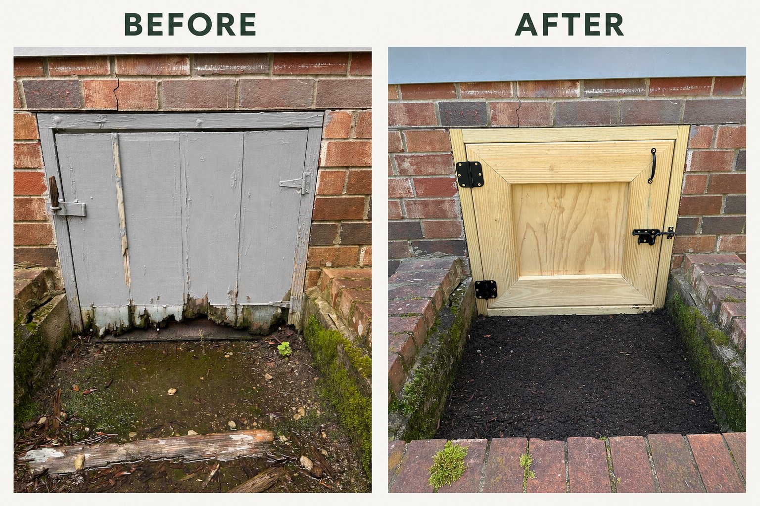 Crawlspace access door before and after — rotting wood door replaced with new insulated door, Nashville TN