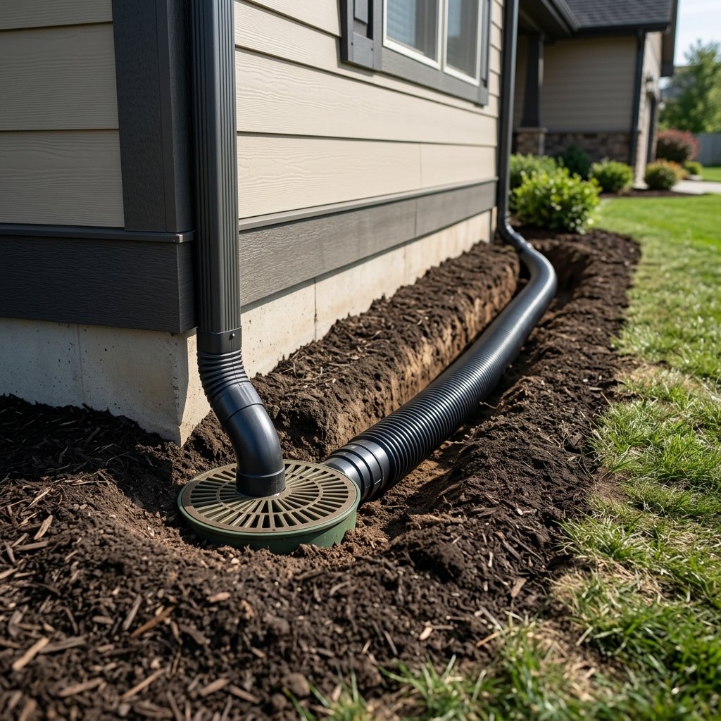 Underground downspout extension with pop-up emitter draining water away from home foundation — Nashville TN