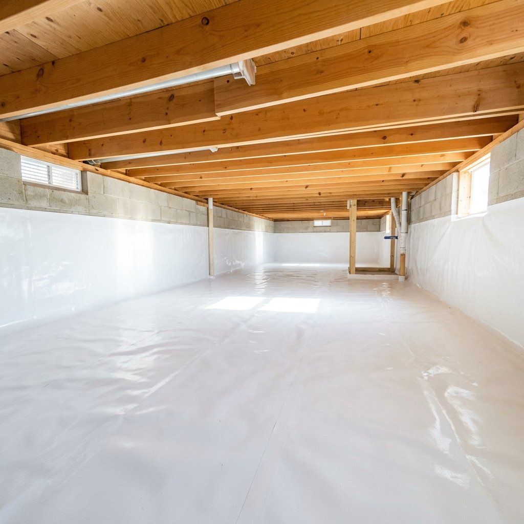 Completed crawl space encapsulation with white 20-mil vapor barrier — Nashville TN