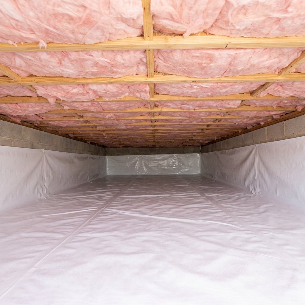 Fresh fiberglass batt insulation installed between crawl space joists with vapor barrier below — Nashville TN