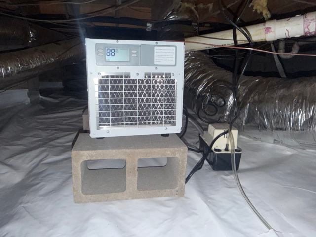 Crawl space dehumidifier with humidity display and condensate pump on a block