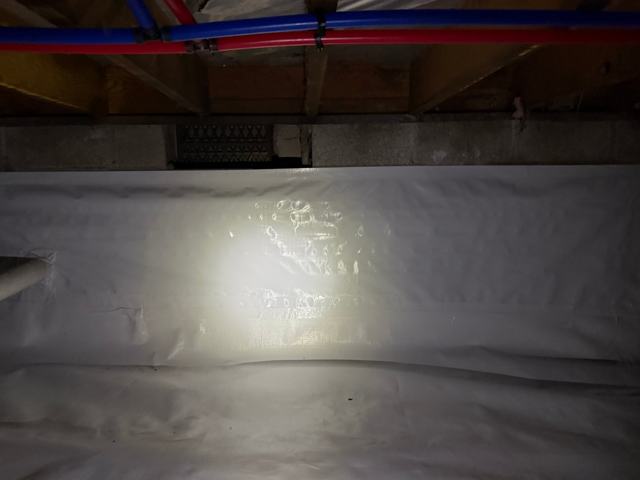 Crawl space foundation wall covered with a white liner
