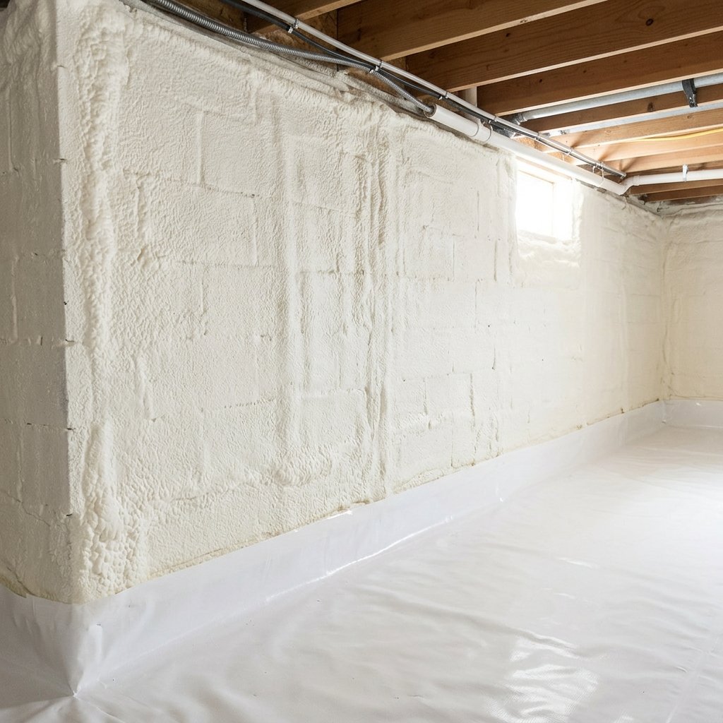 Spray foam insulation covering entire crawl space foundation wall with vapor barrier floor — Nashville TN