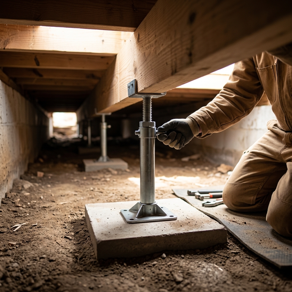 Steel adjustable support jack being installed under crawl space beam — Nashville TN