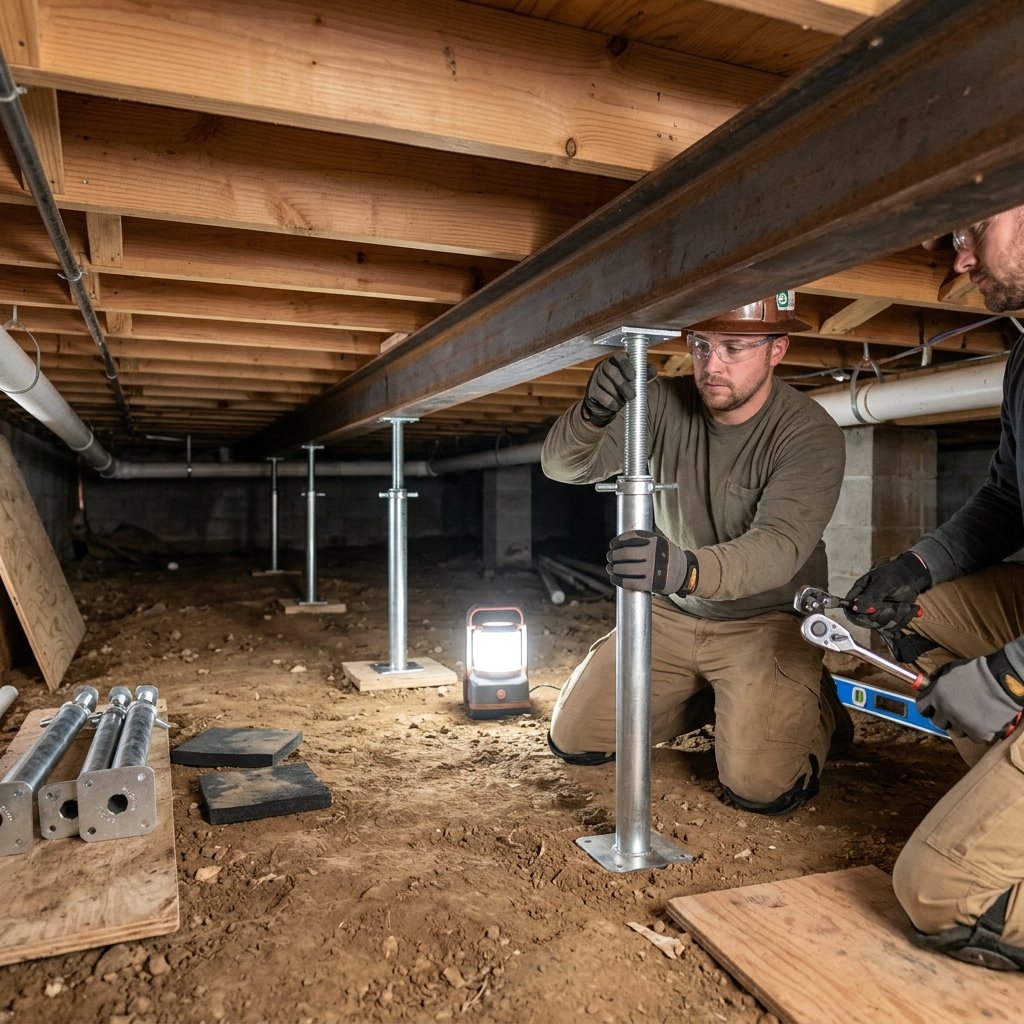 CrawlSpace Experts crew installing multiple steel support jacks to level sagging floor — Nashville TN